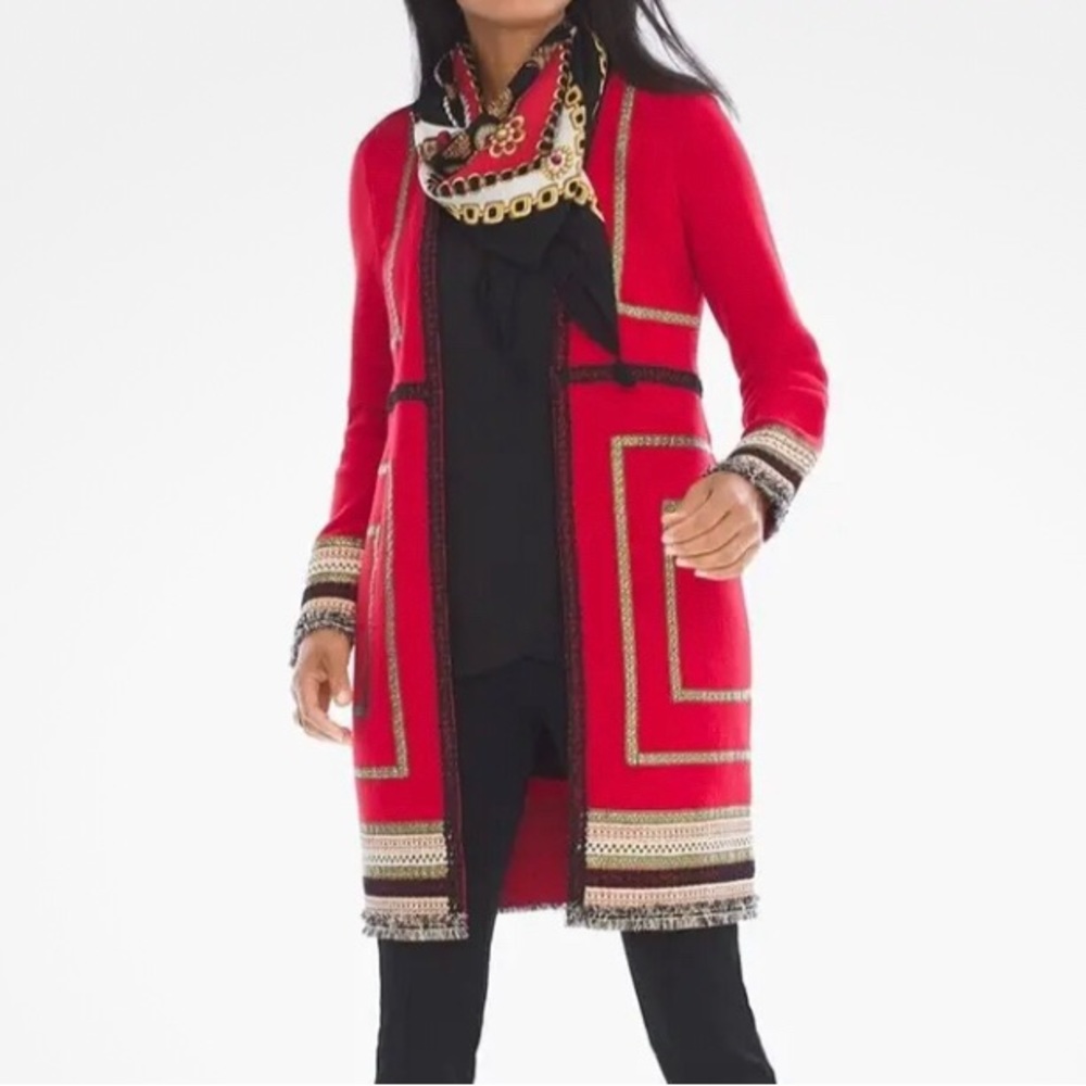 Chico's Reba Embellished Cardigan Sweater Red Gold Black Ornate Trim L